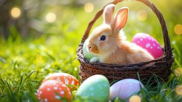 Cute rabbit in wicker basket with colorful easter eggs on spring grass, bright bokeh background video