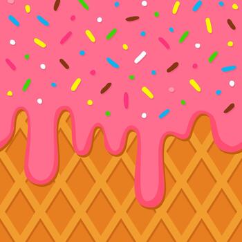 Ice cream seamless pattern with pink dripping frosting, colorful sprinkles, and waffle cone texture in a cute cartoon style, perfect dessert background design for packaging, fabric, and wallpaper. vector