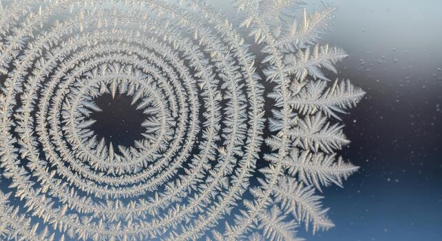 Close up of intricate frost pattern on window during cold winter day photo