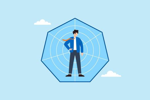 Flat illustration of businessman standing inside radar chart symbolizing performance assessment and skill evaluation vector