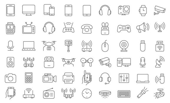 dispositivo línea icono colocar. electrónico dispositivos y artilugio íconos para web, móvil aplicación inteligente dispositivos, zumbido, tecnología, teléfono inteligente, tableta, ordenador portátil. editable carrera aislado iconos vector