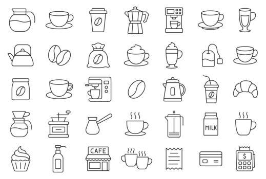 Modern Cafe Line Icon Set With Editable Stroke, Featuring Coffee Cups, Beans, Machines, Mugs And Accessories For Menus, Apps, Websites And Branding Projects. Isolated Coffee Icons. vector