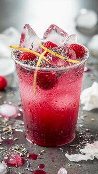 Refreshing raspberry and lemonade drink with ice and berries garnished with citrus zest and chia seeds photo