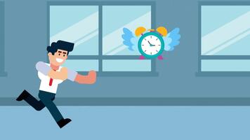 A businessman runs after a flying clock, symbolizing time management, deadline, urgency, and chasing time in business, with a blue office background. video