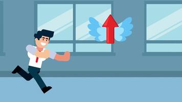 A businessman runs after a flying red arrow with wings, symbolizing growth, progress, ambition, and the pursuit of success in business, set in an office background. video