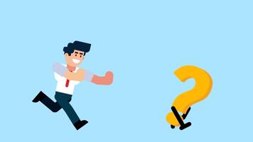 un' uomo d'affari corre dopo un' a piedi domanda marchio, simboleggiante il ricerca di risposte, curiosità, risoluzione dei problemi, o In cerca di informazione, su un' blu sfondo. video