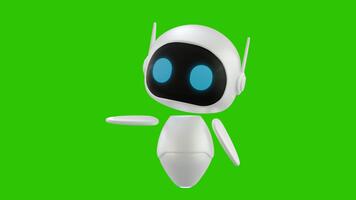 en 3d animerad vit robot karaktär projekt en ljusblå konisk hologram från dess hand och sedan dras tillbaka Det. grön skärm bakgrund. video