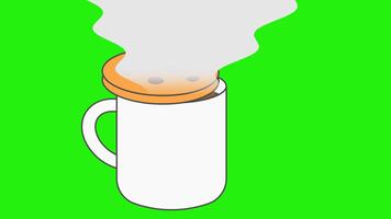 pianura cottura a vapore boccale con biscotto coperchio. semplice tazza modulo con caldo bevanda dentro. casuale spuntino e sorso contesto. biscotto superiore struttura chiaramente visibile. mostrato nel un' morbido ascensore a vapore movimento passaggio. video