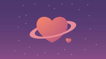 huvud hjärta planet med små hjärtformade månar. mjuk lila lutning himmel. mycket liten stjärna poäng spridd. mild glöd på de kanter. video