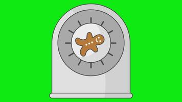 pepparkaka timer ringa. runda kök timer med Centrum pepparkaka motiv. små ringa detalj synlig. enkel bakning verktyg element. visad i en mjuk timer sväng rörelse passera med mild ringa rotation. video