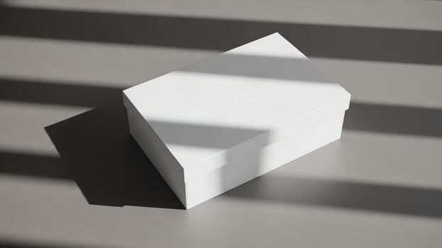 Geometric white object casting a shadow on a gray surface with striped light patterns. photo