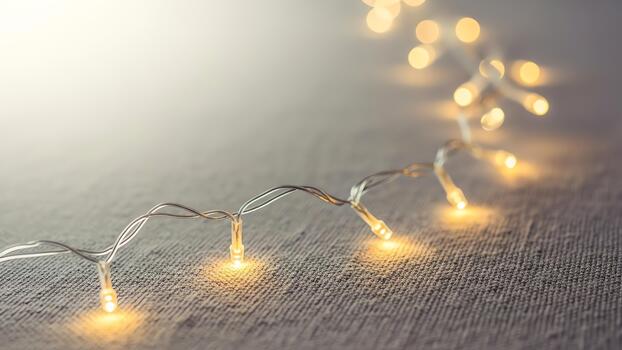 Warm Glowing String Lights on Textured Surface with Bokeh Effect. photo
