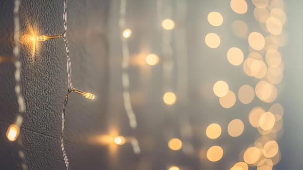 Soft Bokeh Lights of a String of Fairy Lights in a Warm Glow. photo