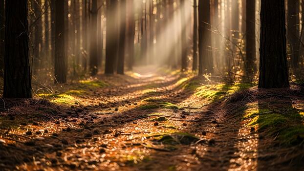Sunlight streams through the trees illuminating a forest path. photo