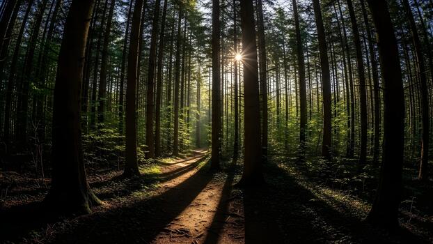 Sunlight streams through a forest of tall straight trees creating shadows. photo