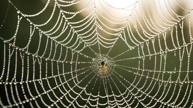 Closeup of a spider on a dewcovered web with intricate patterns. photo