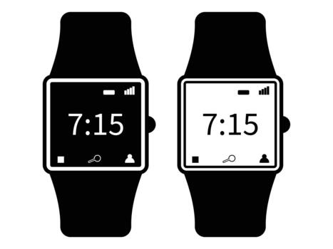 Smartwatch icons. Smart watch icon with clock, battery charge, Wi-Fi and app symbol. Electronic fill smartwatch mobile device screen. Web icon for mobile and ui design. Flat illustration. vector