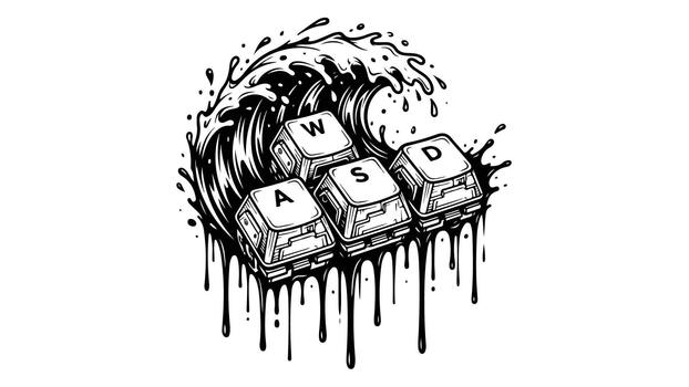 WASD Gaming Keys with Ocean Wave and Dripping Ink Design. vector