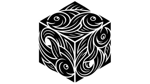 estilizado pescado arremolinándose en un hexagonal cubo negro y blanco. vector