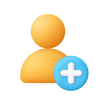 amarillo usuario perfil icono con blanco añadir más símbolo en azul circulo insignia. añadir usuario, crear cuenta, nuevo perfil y social red concepto. 3d icono. dibujos animados mínimo estilo. vector