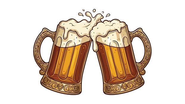 Two beer mugs clinking together with a splash of foam. vector