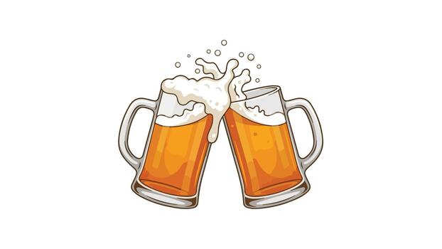 Two Beer Mugs Clinking Together with Splashing Foam. vector