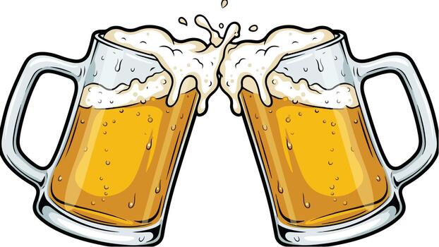 Two Beer Mugs Clinking in a Toast with Splashing Foam. vector