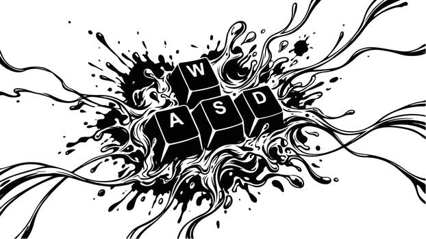 WASD keyboard keys with ink splash and lines. vector