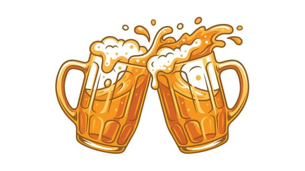 Two beer mugs clinking together in a celebratory toast with frothy beer splashing out isolated on a white background. vector