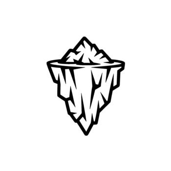 A bold and stark outline illustration of a monolithic iceberg with jagged mountain peaks above the waterline and sharp crystalline formations extending below the surface isolated vector