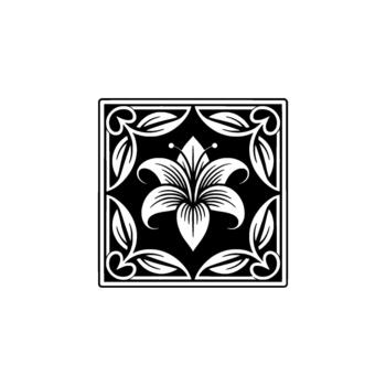 Elegant monochromatic heraldic crest featuring a stylized lily flower with intricate leaf scrollwork enclosed within a decorative square border isolated vector