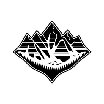 resumen geométrico representando un estilizado montaña rango con pino arboles y pequeño dispersado rocas dentro un diamante forma vector