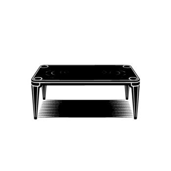 A minimalist illustration of a rectangular table with rounded corners and four tapered legs casting a sharp striped shadow vector
