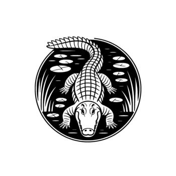 A stylized circular emblem featuring a detailed illustration of an alligator emerging from swampy water with lily pads and reeds vector