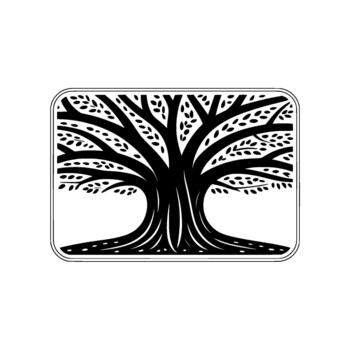 un estilizado minimalista ilustración de un grande árbol con extensión ramas y pequeño oval hojas contenido dentro un redondeado rectangular frontera vector