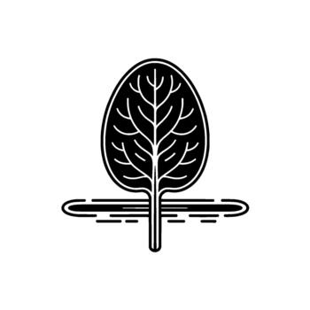 A minimalist illustration depicting a single stylized spinach leaf with prominent veins emerging from a simple stem rooted in horizontal lines representing soil or growth vector