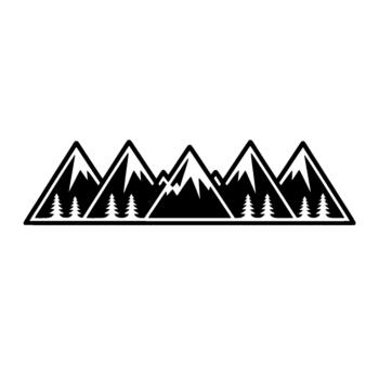 A minimalist silhouette of a series of snowcapped mountain peaks with stylized evergreen trees clustered at their base isolated vector