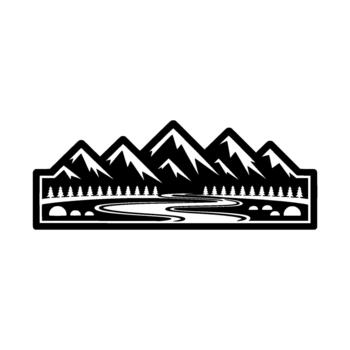 Stylized depicting a mountain range with snow capped peaks a winding river and a line of pine trees vector