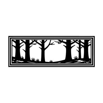 Stylized silhouette of a dense forest with bare trees and distant hills framed within a rectangular border creating a minimalist natural landscape vector