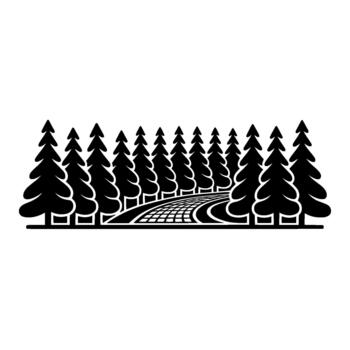A stylized illustration depicting a winding road passing through a dense forest of evergreen trees presented as a continuous silhouette vector