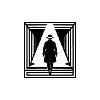 minimalista silueta de un hombre en un zanja Saco y fedora sombrero caminando hacia un brillante ligero a el final de un geométrico túnel estructura vector