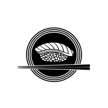 A minimalist illustration of a single salmon nigiri sushi piece centered within concentric circles and crossed by chopsticks vector