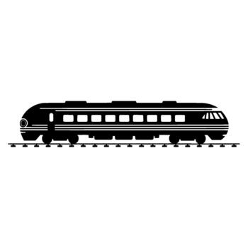 A minimalist silhouette illustration of a long passenger train with multiple windows and a distinctive rounded front traveling vector