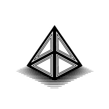 A stark abstract geometric featuring a sharp edged triangular pyramid shape with internal divisions and a linear hatched shadow effect cast upon a plain background representing conceptual moder vector