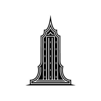 A stylized art deco skyscraper silhouette with intricate vertical paneling and a sharp pointed roof isolated vector