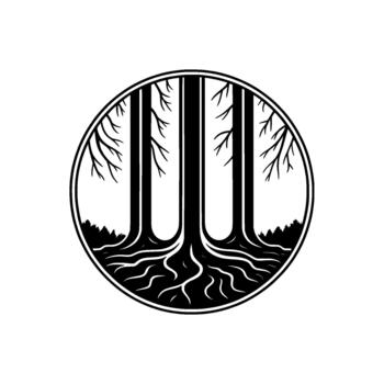 Stylized circular illustration of a forest with prominent intertwined tree roots and branches vector