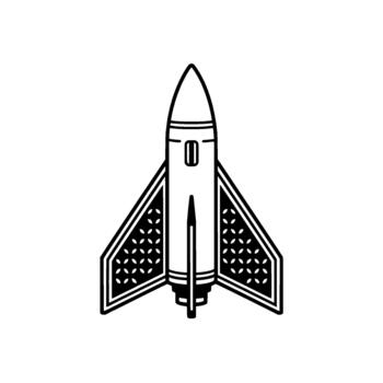 Minimalist line art illustration of a stylized retro rocket with triangular fins featuring a geometric pattern vector