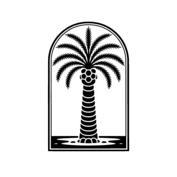 estilizado silueta Arte de un fecha palma árbol con Fruta racimo y visible raíces en agua adjunto dentro un arqueado marco vector