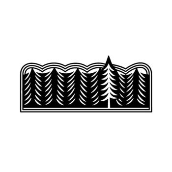 Stylized illustration of a dense pine forest scene with layered triangular trees and a decorative arched border creating a minimalist outdoor landscape vector