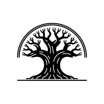 un estilizado ilustración de un antiguo árbol con extensión ramas y visible raíces enmarcado por un semi circular arco vector